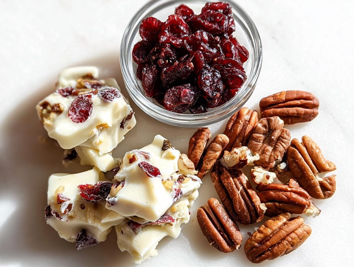 White Chocolate Cranberry Pecan Clusters with dried cranberries and chopped pecans