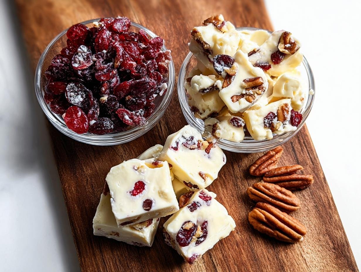 Close-up of White Chocolate Cranberry Pecan Clusters on parchment paper