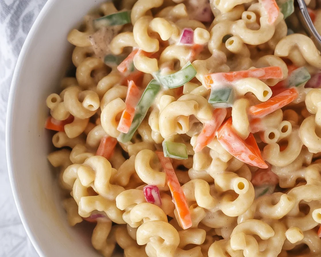 Healthy macaroni salad made with Greek yogurt for a creamy and delicious side dish.