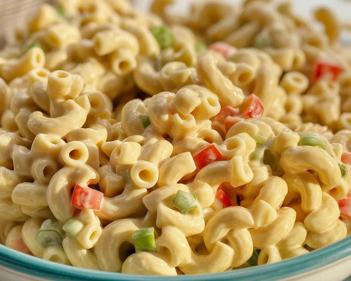 Healthy macaroni salad recipe with Greek yogurt and veggies for a nutritious meal.