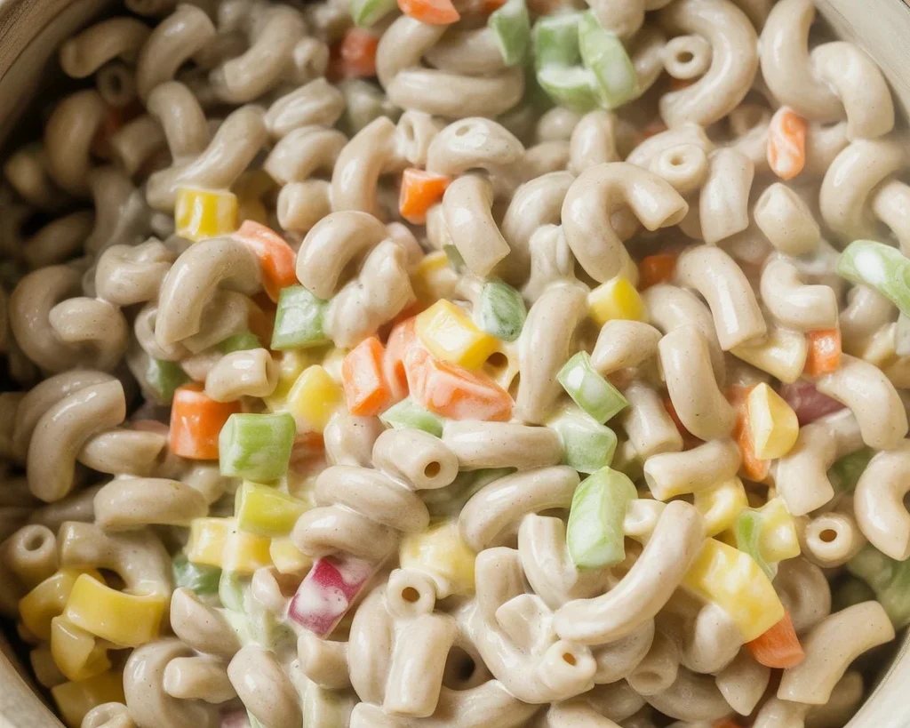 Healthy macaroni pasta dish with veggies and chicken, showcasing nutritious meal options.