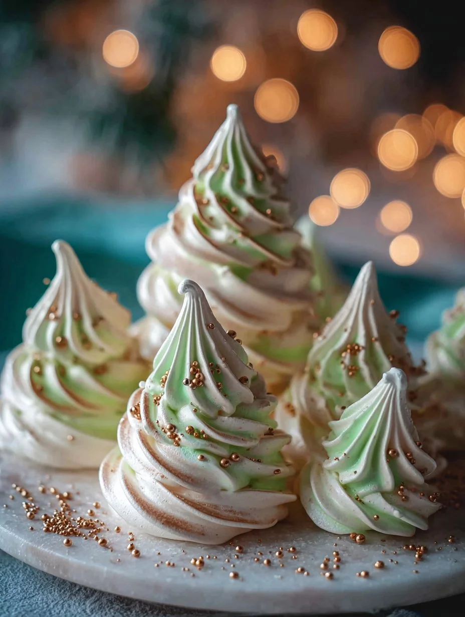 Adorable Christmas tree meringues decorated for holiday festivities