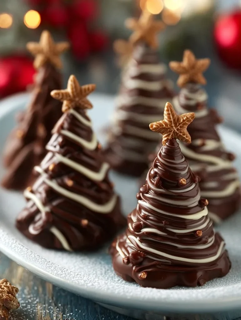 Deliciously decorated Christmas chocolate trees for festive treats and desserts.