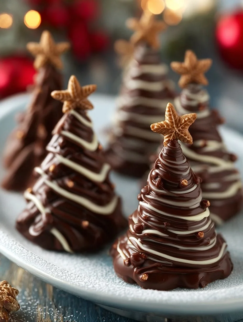 Deliciously decorated Christmas chocolate trees for festive treats and desserts.