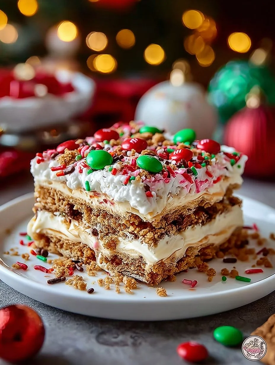 Festive Christmas Dessert Lasagna with layers of chocolate and cream