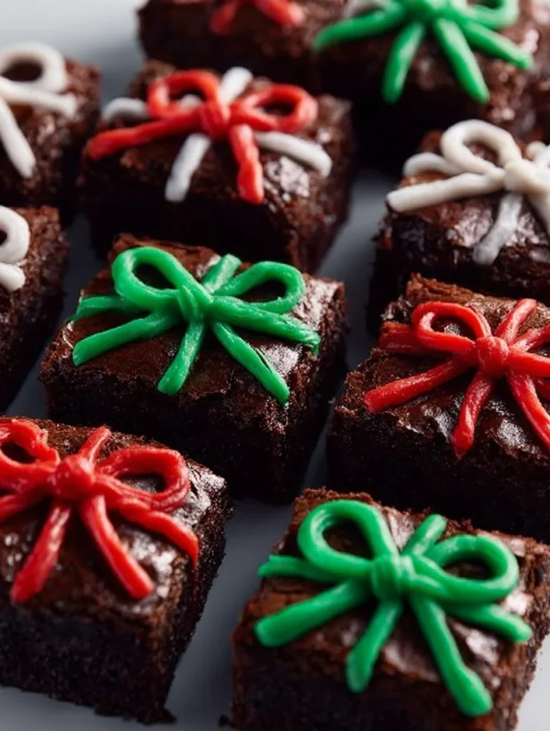 Festive Christmas Present Brownies decorated for holiday celebrations