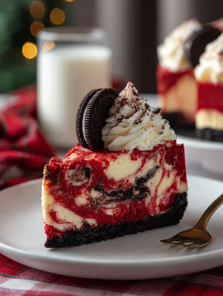 Delicious Christmas Red Velvet Cheesecake topped with cream cheese frosting