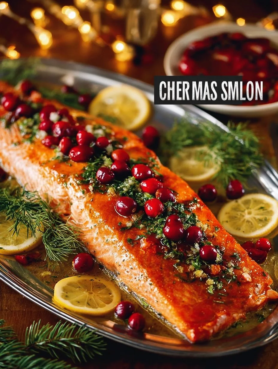 A beautifully cooked Christmas Salmon garnished with herbs and lemon.