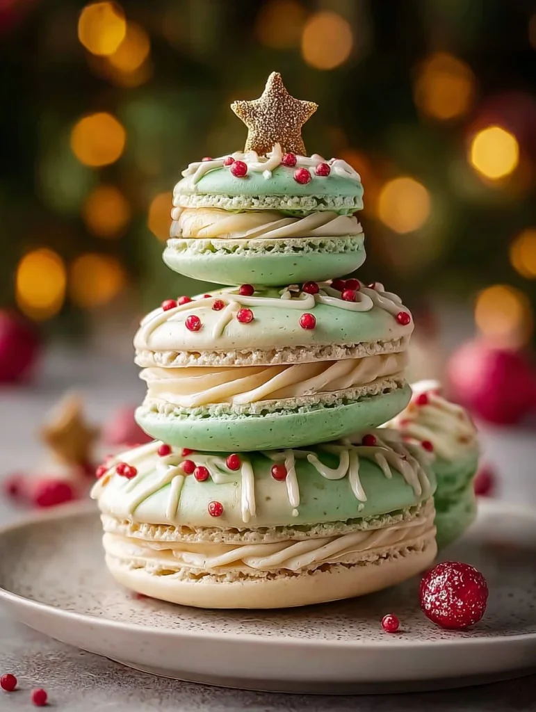Festively decorated Christmas Tree Cake Macarons on a display plate