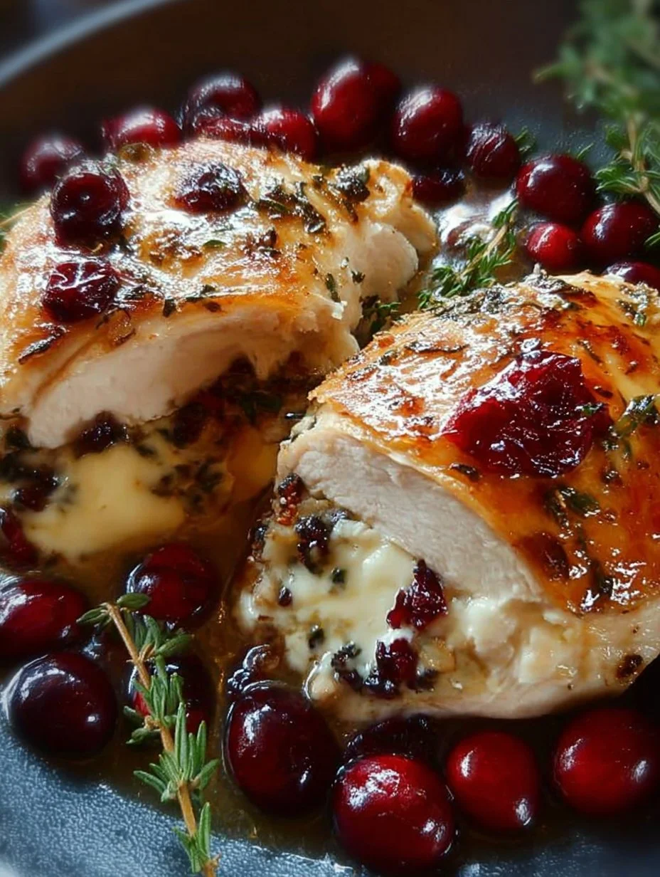 Cranberry Brie Stuffed Chicken plated with herbs and cranberries