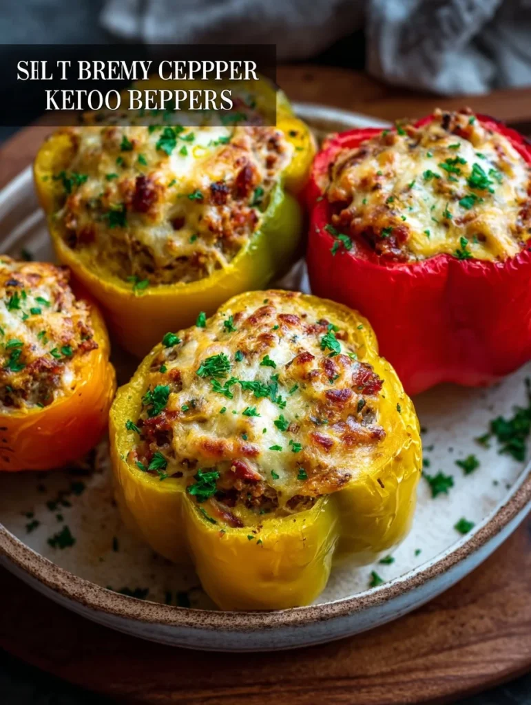 Creamy keto low carb stuffed bell peppers filled with savory ingredients
