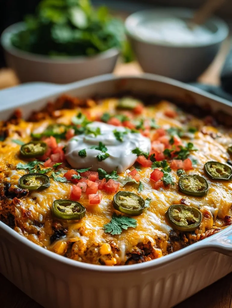 Delicious Keto Taco Casserole topped with cheese and fresh ingredients