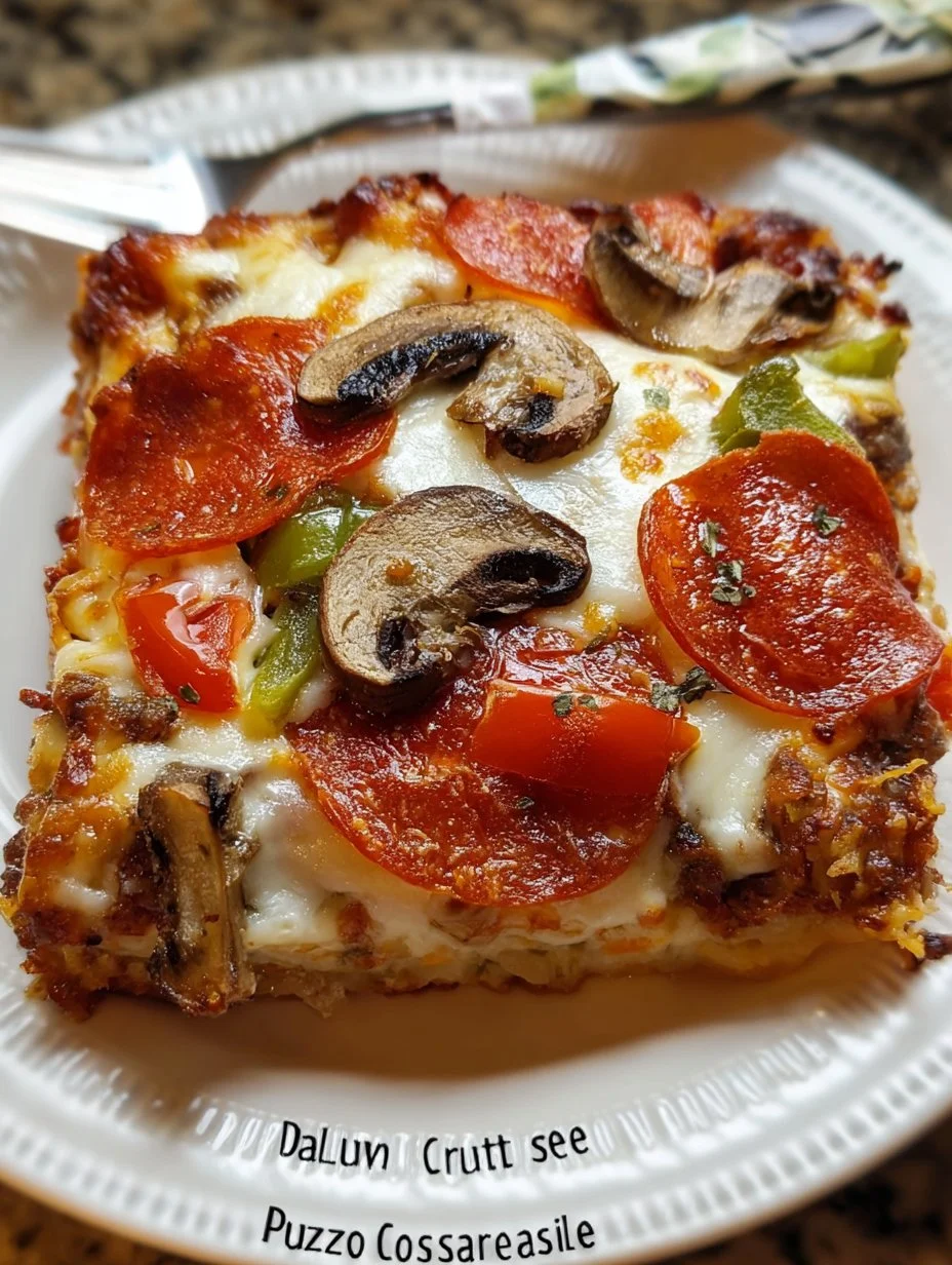 Easy low carb pizza casserole topped with cheese and vegetables