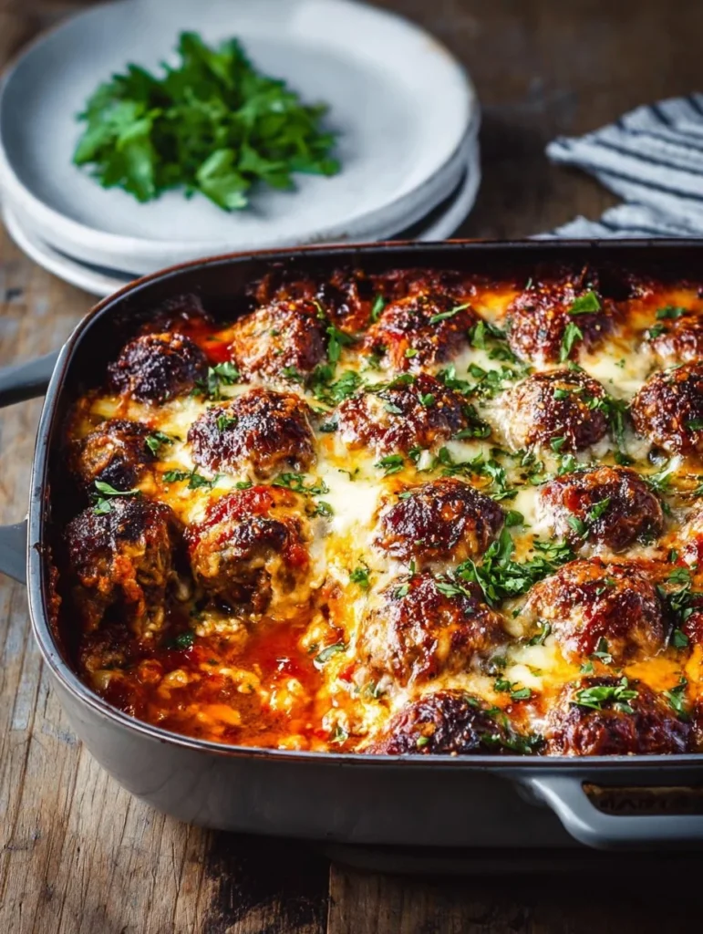 Delicious Keto Meatball Parmesan Casserole topped with melted cheese
