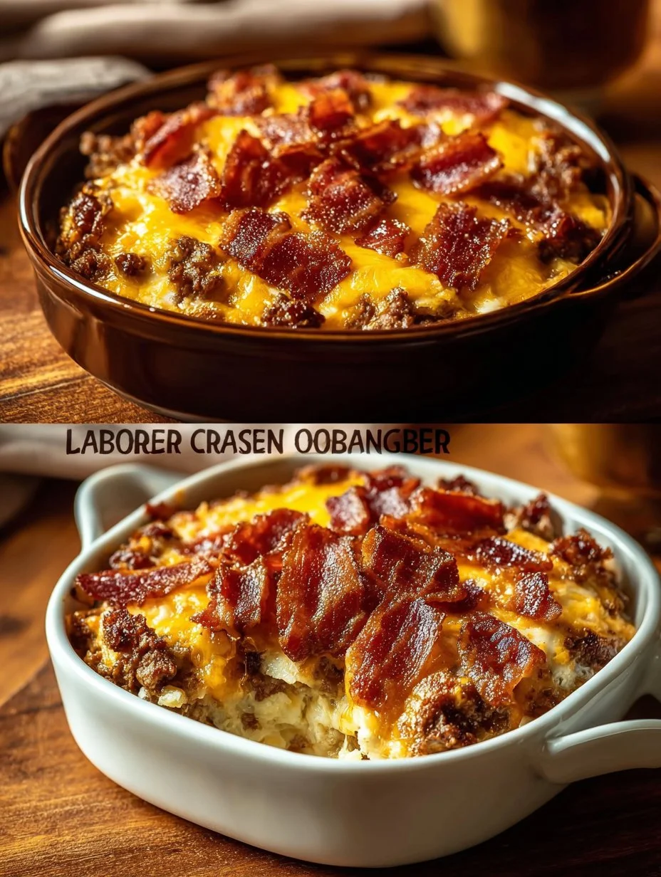 Low Carb Bacon Cheeseburger Casserole 1 Low carb bacon cheeseburger casserole topped with cheese and crispy bacon