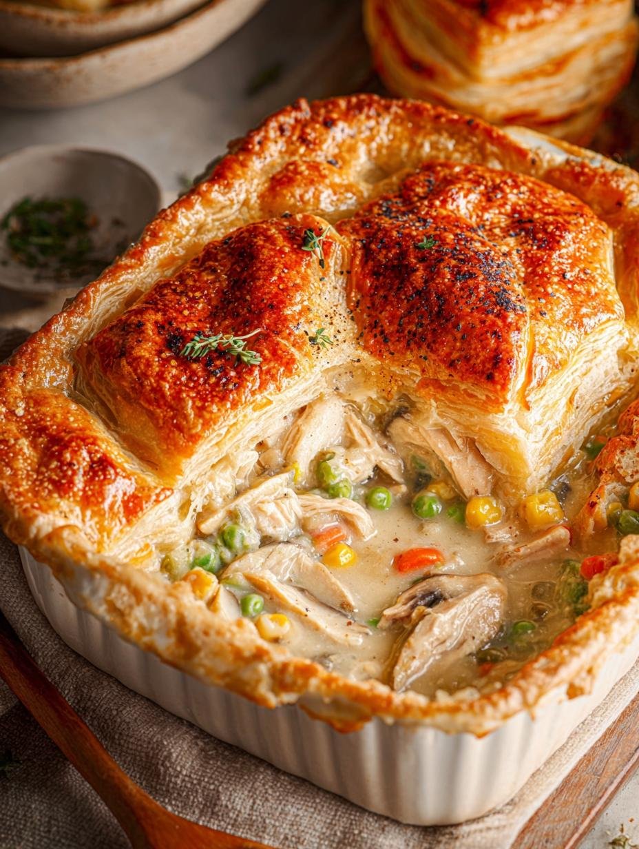 Irresistible Chicken Pot Pie Casserole fresh from the oven on a serving dish