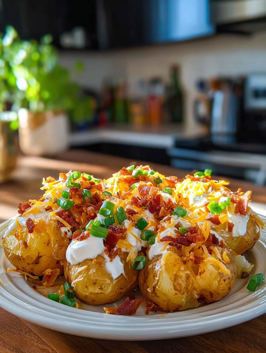 Crispy air fryer loaded potatoes topped with cheese and bacon