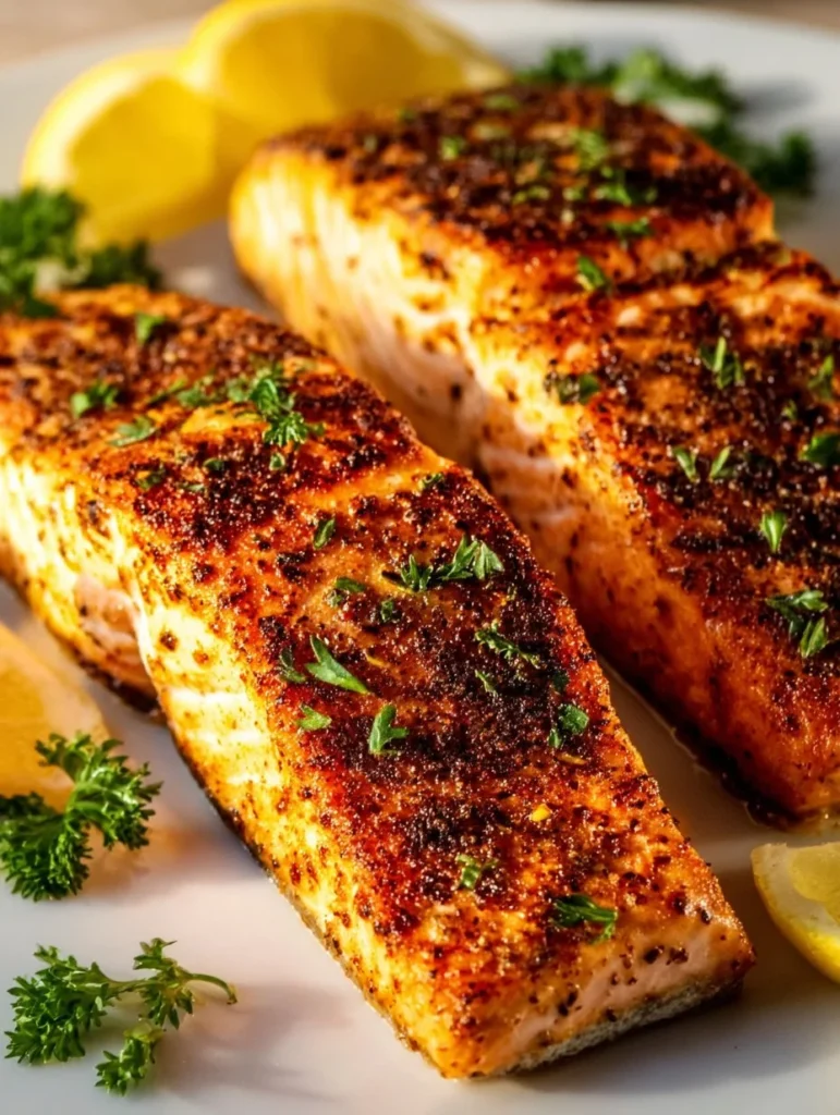 Perfectly cooked air fryer salmon served with fresh herbs and lemon slices.
