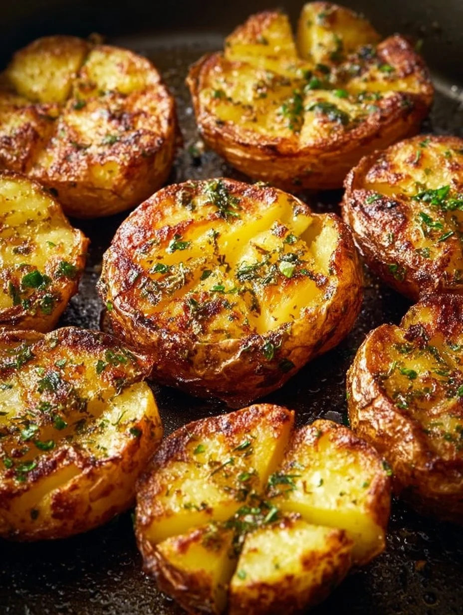 Crispy air fryer smashed potatoes served on a plate with herbs.