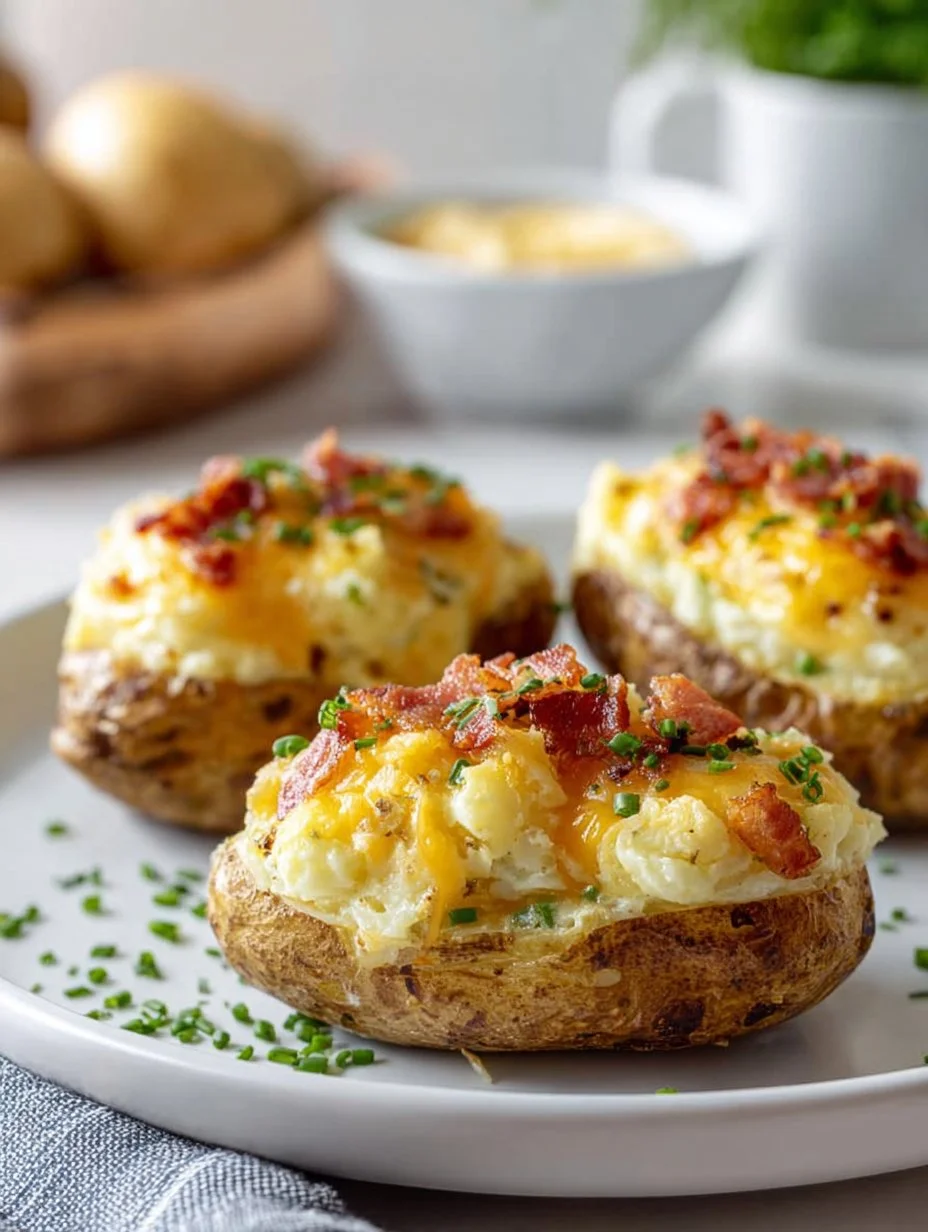 Crispy Air Fryer Twice Baked Potatoes with toppings ready to serve