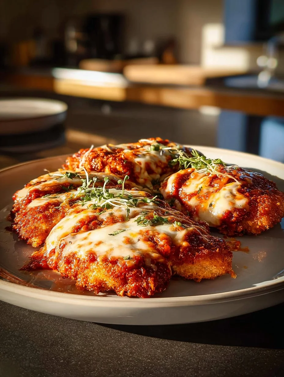 Crispy air fryer chicken parmesan served with marinara sauce and cheese.