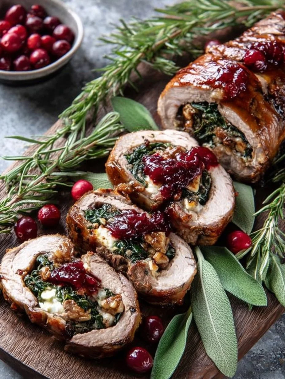 Christmas stuffed pork tenderloin served with festive sides