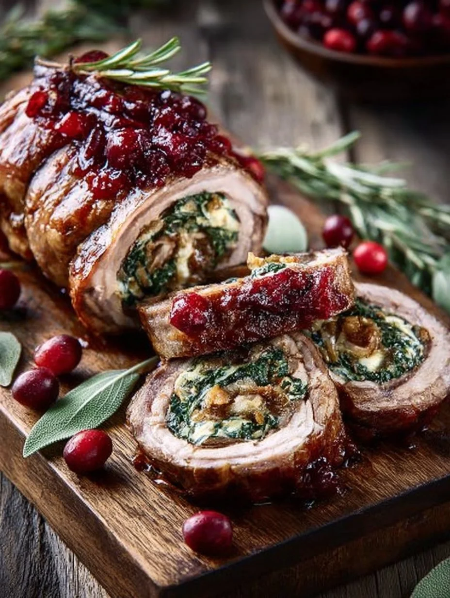 Christmas Stuffed Pork Tenderloin with savory filling on a festive table.