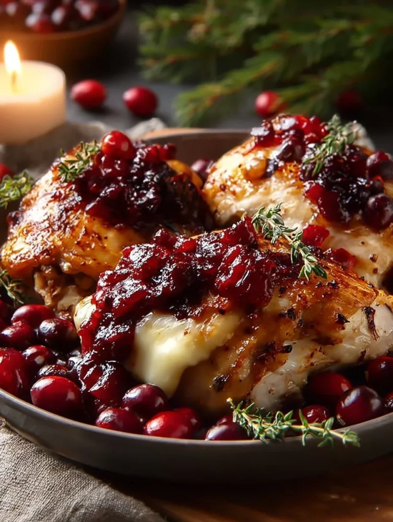 Cranberry Brie Stuffed Chicken served on a festive Christmas dinner table