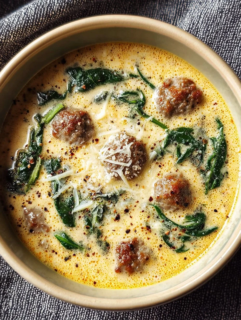 Creamy Keto Italian Sausage Soup in a bowl, garnished with herbs