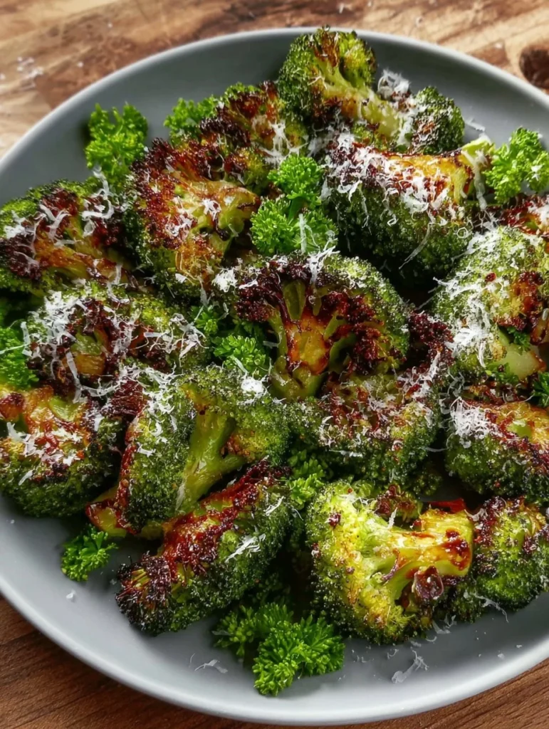 Crispy air fryer broccoli with Parmesan served in a bowl