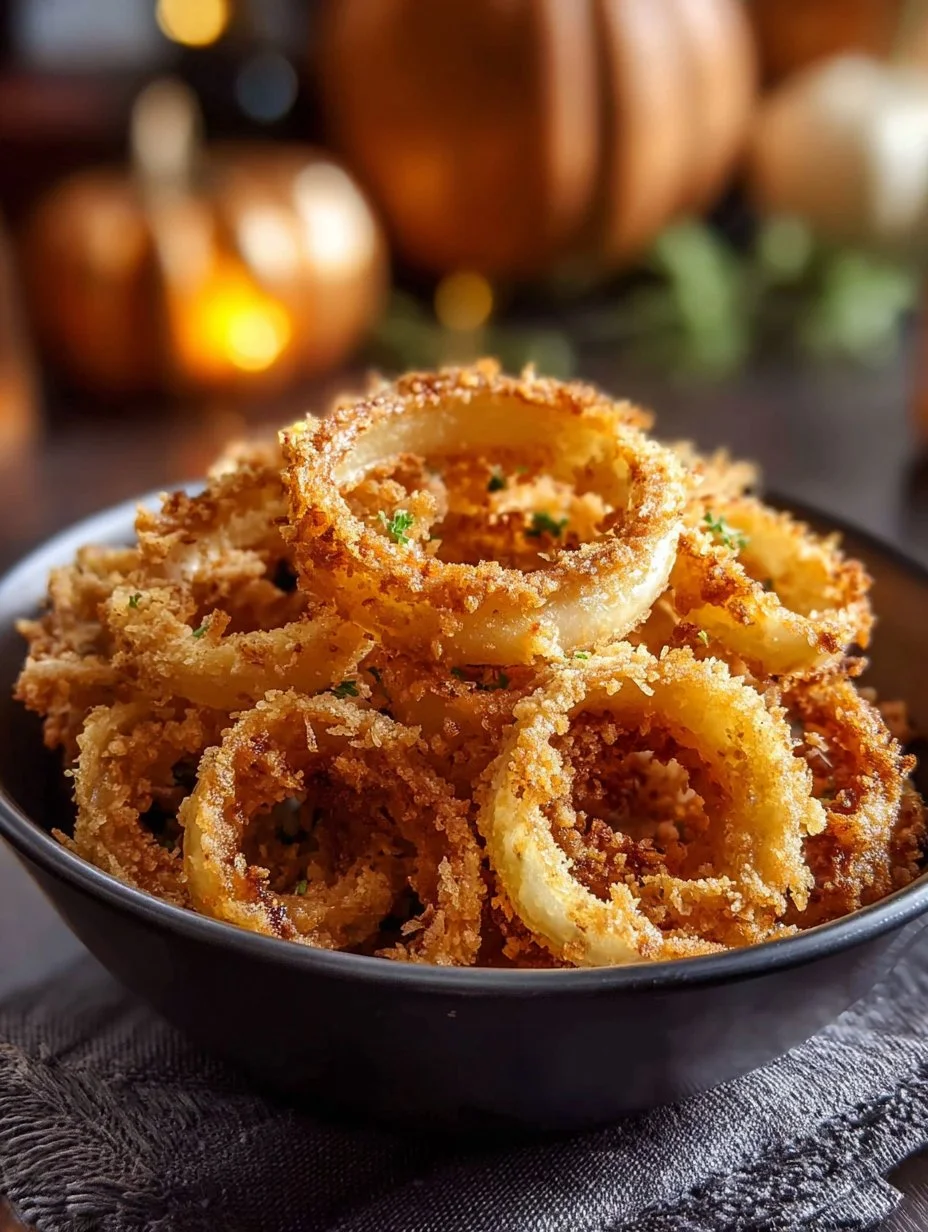 Golden brown air fryer crispy onions on a plate