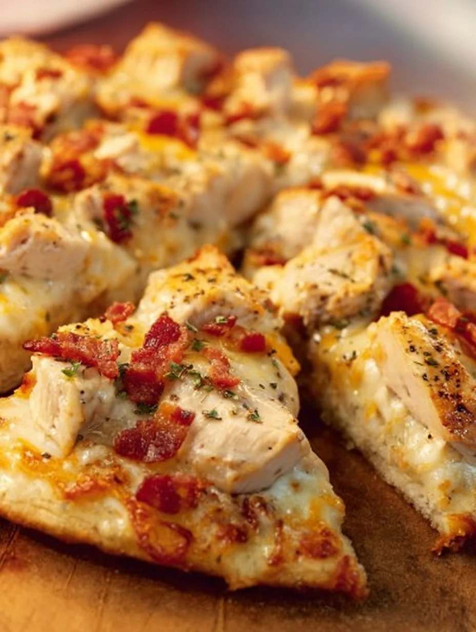 Keto Chicken Bacon Ranch Pizza topped with grilled chicken, bacon, and ranch dressing