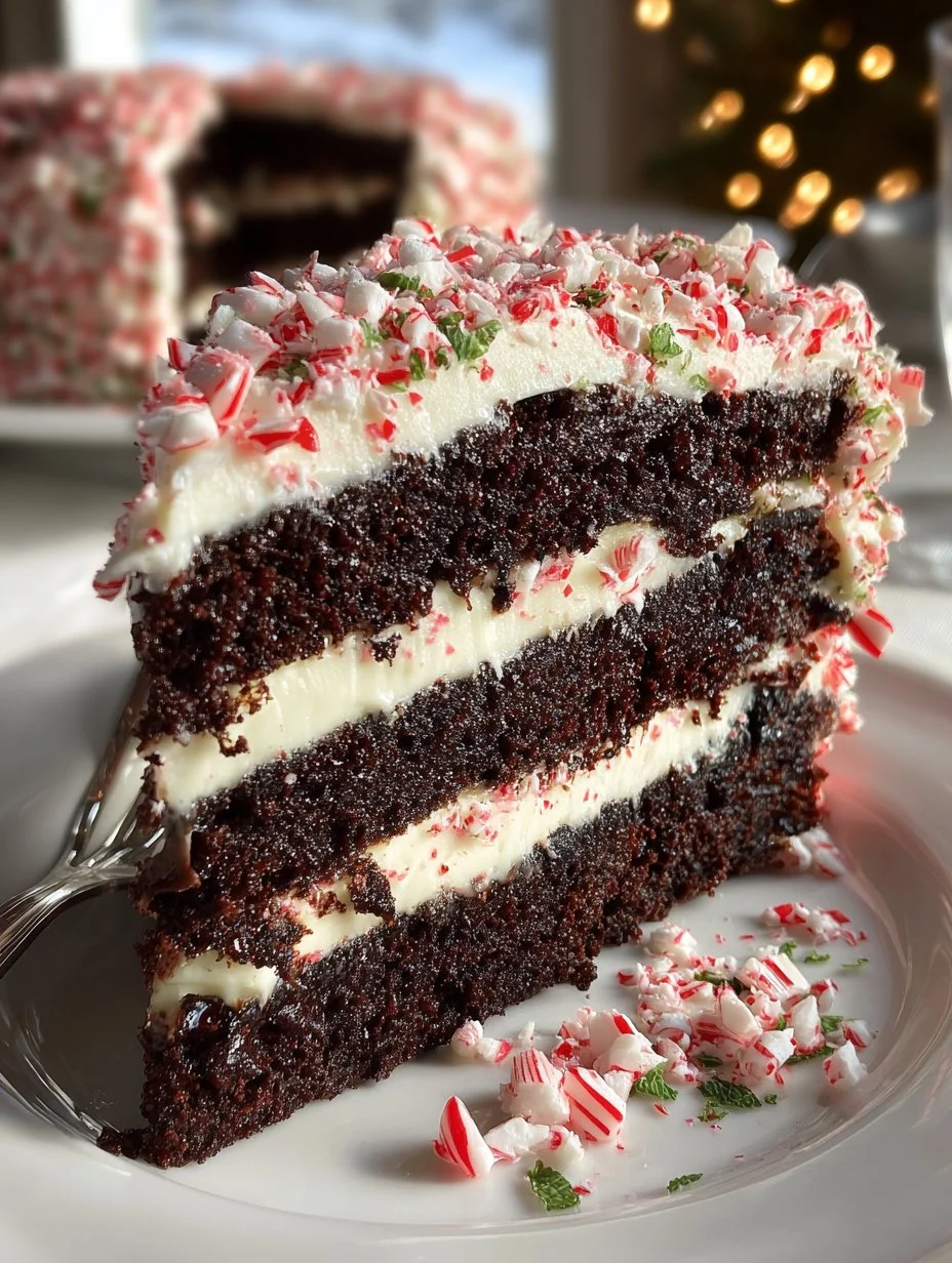 Delicious Peppermint Mocha Christmas Cake topped with whipped cream and peppermint sprinkles