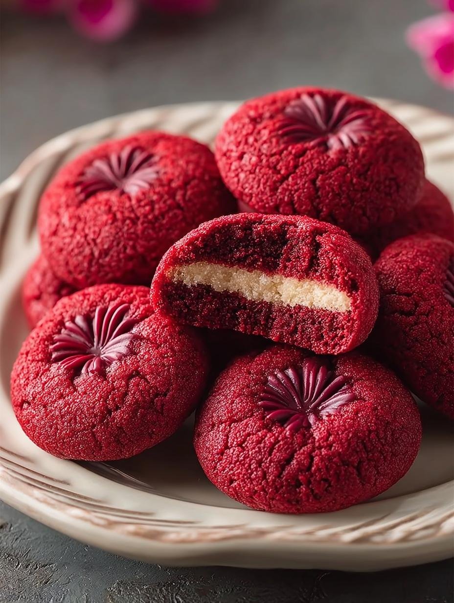 Red Velvet Blossom Cookies: 24 Chewy Delights 2 Red Velvet Blossom Cookies: 24 Chewy Delights - Red Velvet Blossom Cookies - main visual representation