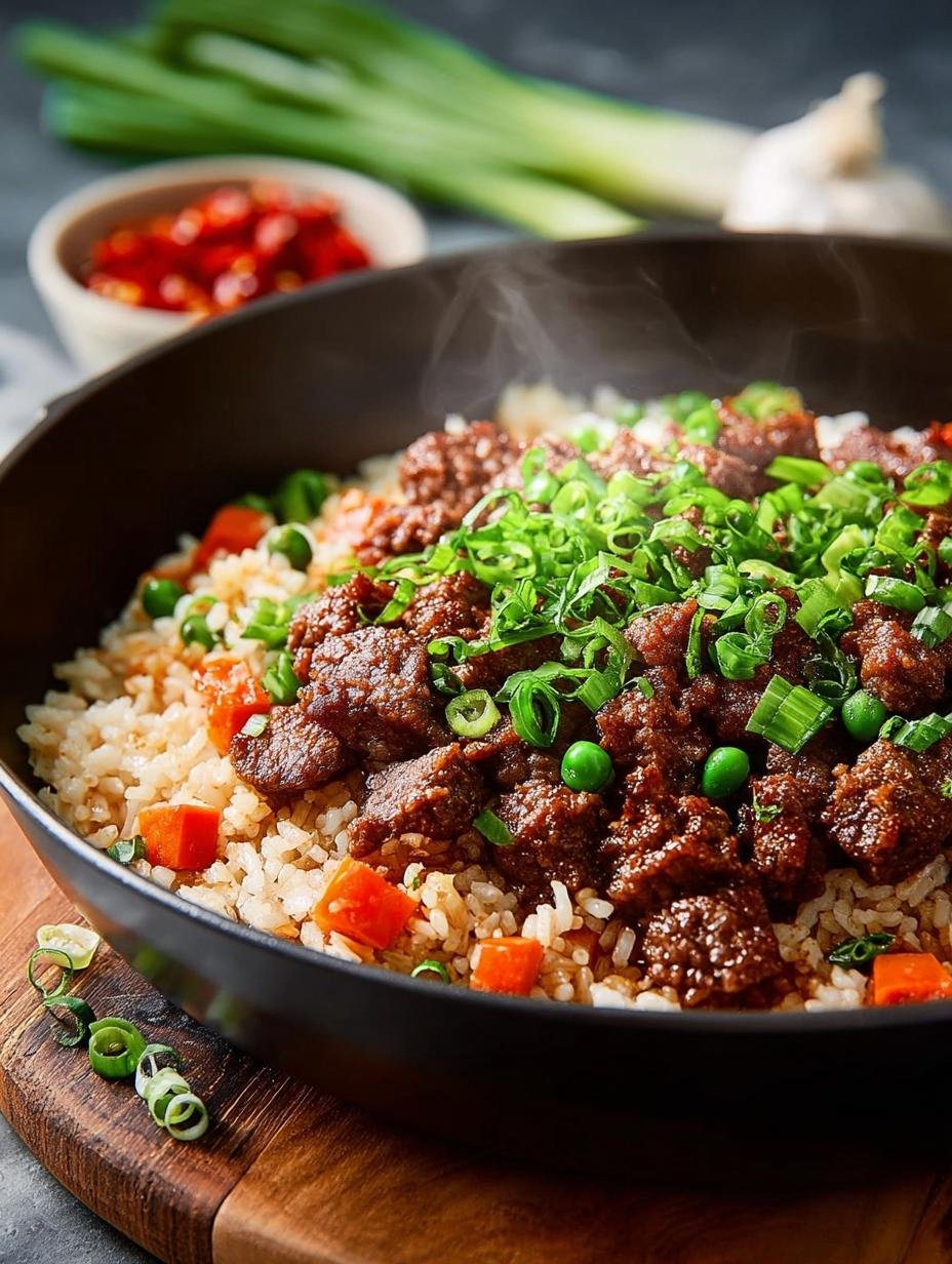 Irresistible Skillet BBQ Beef Rice with colorful vegetables and fluffy rice