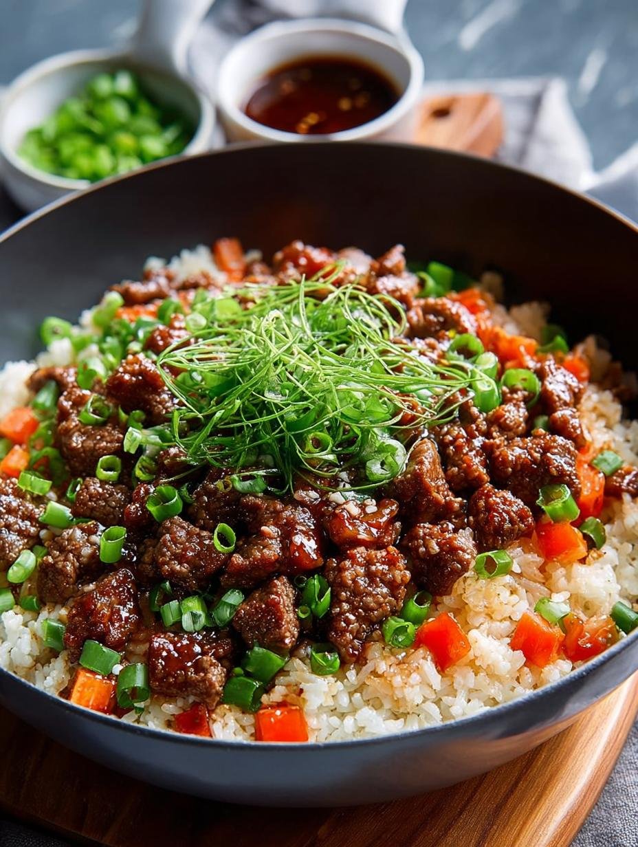 Savory Skillet BBQ Beef Rice served in a bowl with fresh herbs