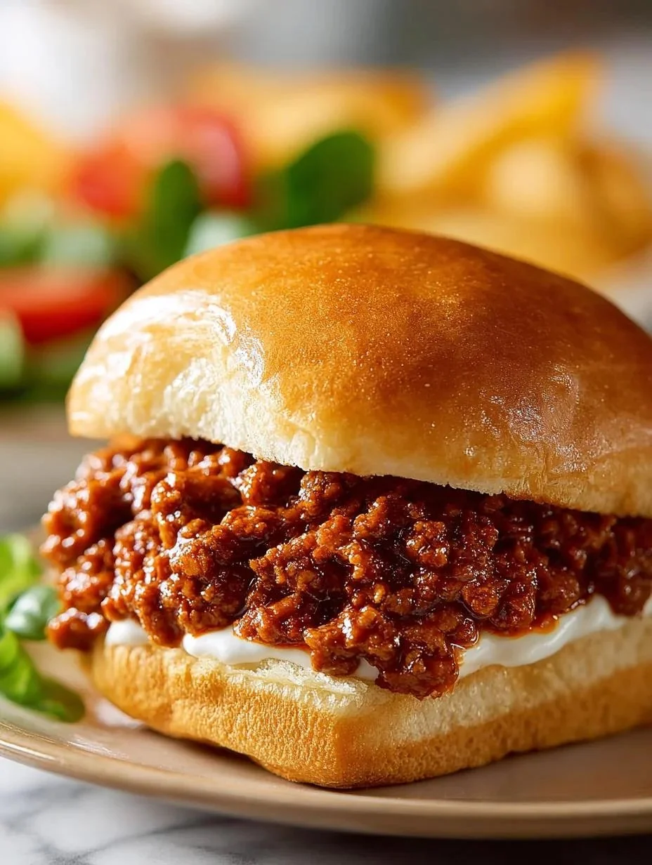 Delicious Classic Sloppy Joes served on a bun with toppings