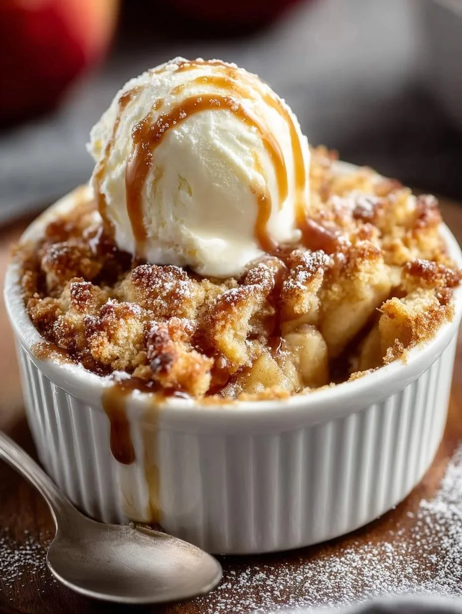 Individual apple crumbles with a golden crisp topping and fresh apples