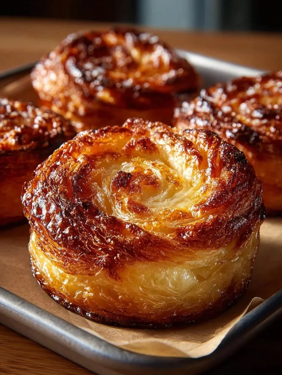 Freshly baked Kouign Amann, a flaky and buttery French pastry dessert.