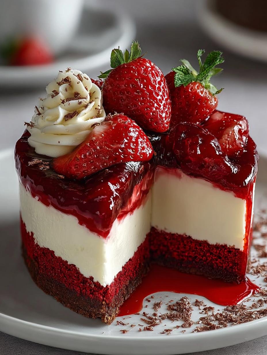 Decadent Red Velvet Strawberry Cheesecake Delight - Red Velvet Strawberry Cheesecake - main visual representation