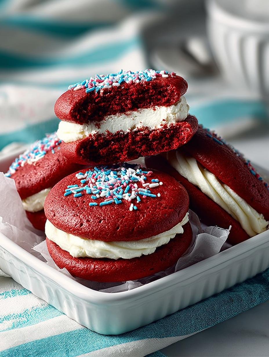 Irresistible red velvet whoopie pies filled with marshmallow buttercream on a dessert table