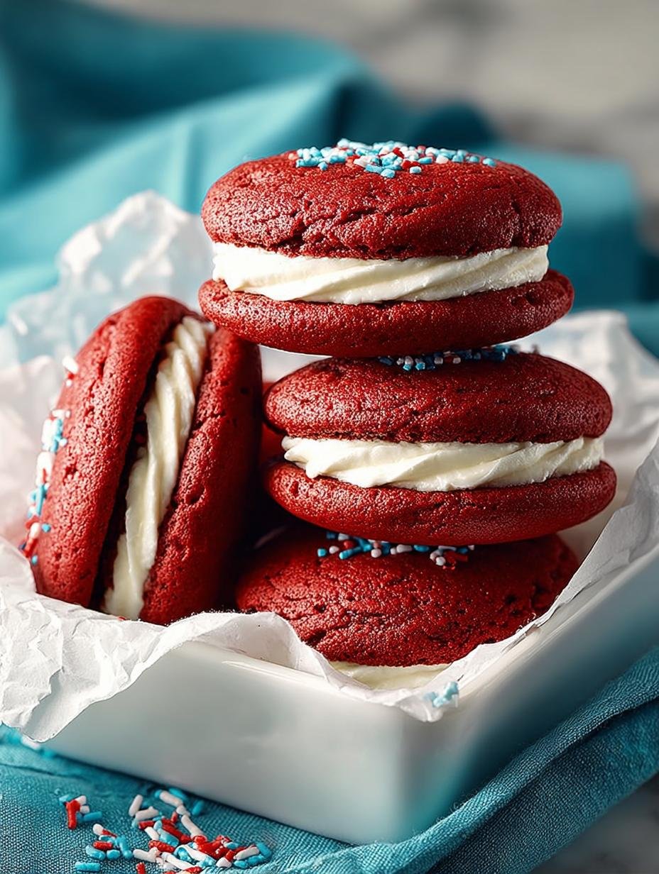 Close-up of red velvet whoopie pies showcasing the creamy filling