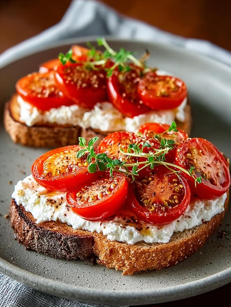 Delicious ricotta tomato sourdough toast served with a drizzle of olive oil