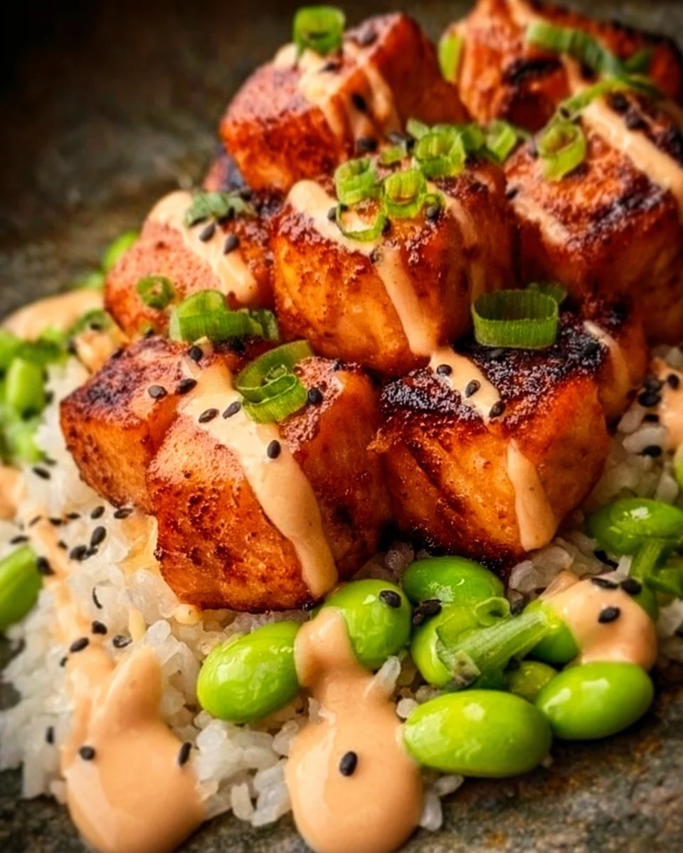 Air Fryer Salmon Bites 1 Crispy air fryer salmon bites served on a plate with lemon wedges