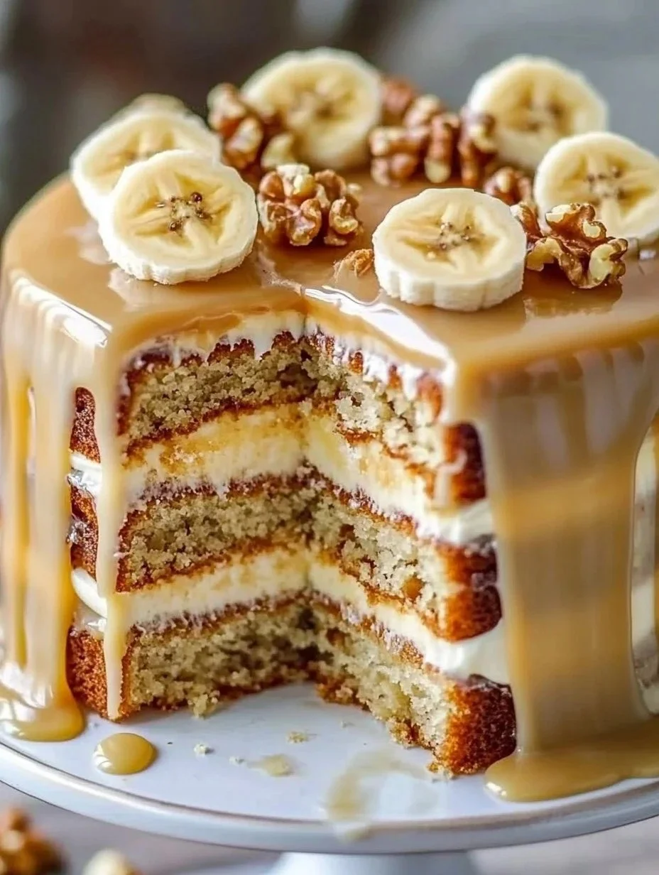 Slice of Banana Walnut Cream Cake topped with nuts and frosting