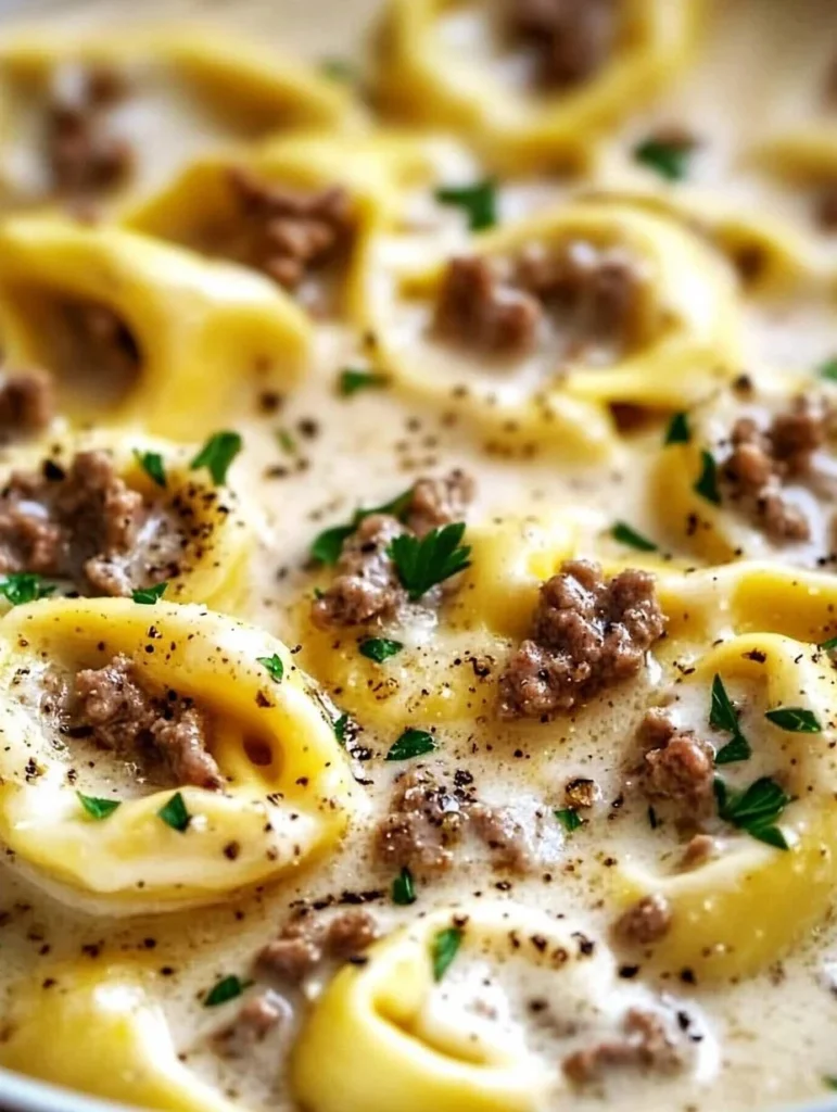 Beef Tortellini served in creamy Parmesan sauce