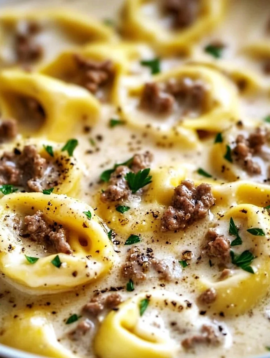 Beef Tortellini served in creamy Parmesan sauce
