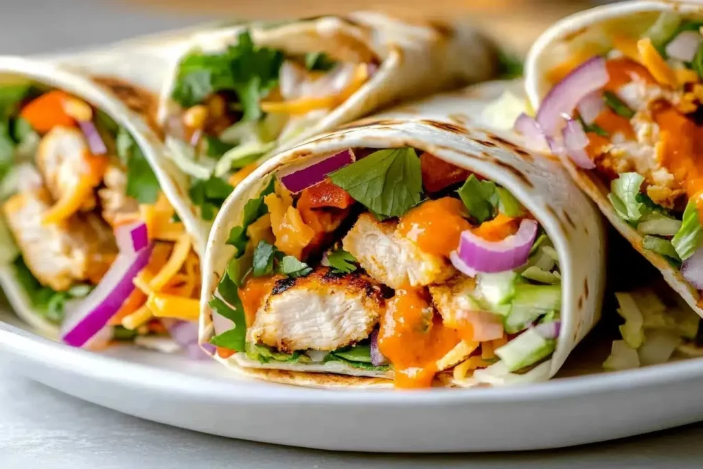 Delicious Buffalo Chicken Wraps filled with spicy chicken and crisp vegetables