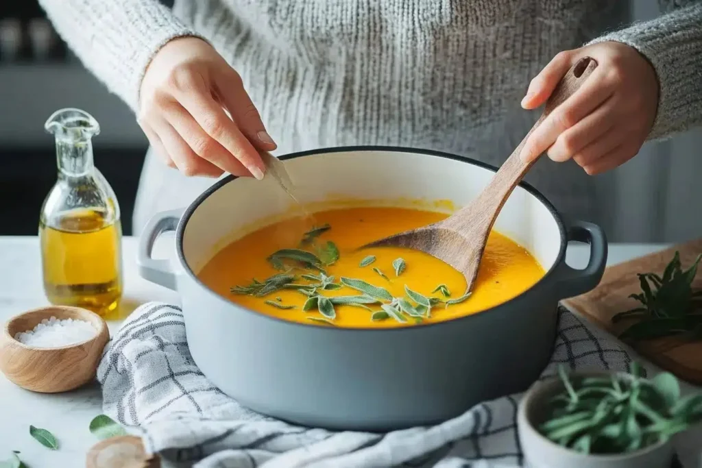 Bowl of creamy butternut squash soup garnished with herbs and spices