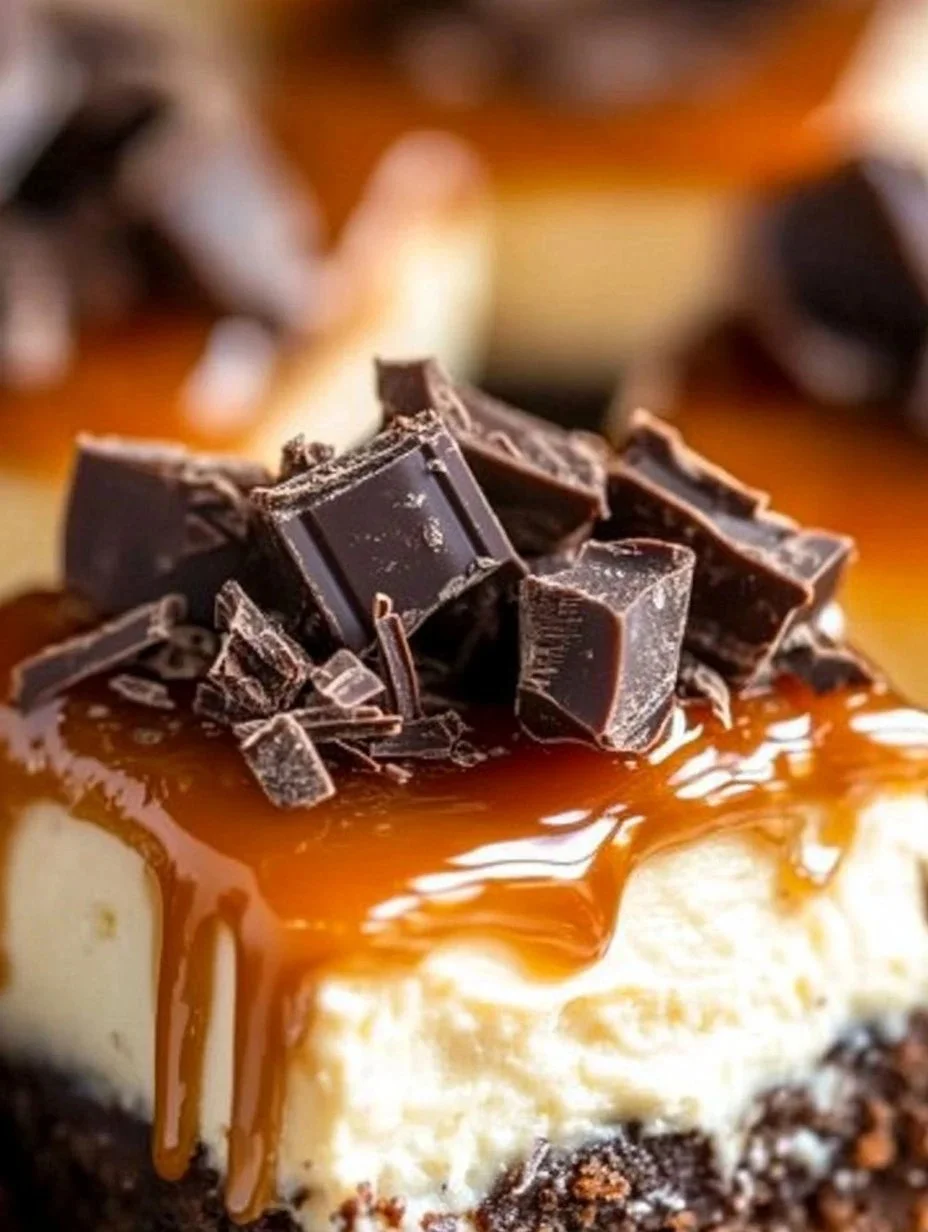 Delicious chocolate caramel cheesecake bites on a dessert platter